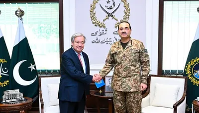 CDATA[United Nations Secretary-General Antonio Guterres calls on Chief of Defence Forces and Chief of Army Staff Field Marshal Syed Asim Munir at the General Headquarters, Rawalpindi, on October 7, 2026. — ISPRRegional security situation discussed at GHQ: ISPR.Pakistan reaffirms commitment...
ISLAMABAD: United Nations Secretary-General Antonio Guterres called on Chief of Army Staff and Chief of Defence Forces (COAS & CDF) Field Marshal Syed Asim Munir at the General Headquarters (GHQ) in Rawalpindi on Wednesday.
The meeting focused on matters of mutual interest, the prevailing regional security environment and the UN's role in promoting international peace and security, the Inter-Services Public Relations (ISPR) said in a statement.
The discussions also covered regional stability, the Jammu and Kashmir dispute, India's continued abeyance of the Indus Waters Treaty (IWT) and terrorism emanating from Afghanistan, the military's media wing said.
During the meeting, Field Marshal Munir reaffirmed Pakistan's commitment to international peace and highlighted the country's contributions to United Nations peacekeeping missions.
He also praised the UN's role, under the leadership of Secretary-General Guterres, in advancing global peace, stability and humanitarian cooperation.
The UN chief paid tribute to the sacrifices made by Pakistan and its armed forces in the war against terrorism and acknowledged their contributions to UN peacekeeping operations, according to the military's media wing.
Guterres also recognised Pakistan's continued commitment to international peace and security and appreciated its efforts towards the peaceful resolution of regional conflicts.
![